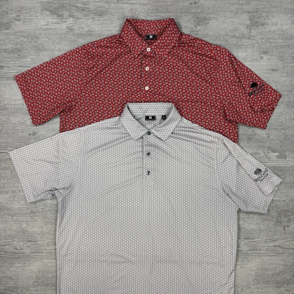 Lot of 2 Foot Joy Mens L Golf Polo Shirt Bridle Wood Golf Club Logo AOP preppy